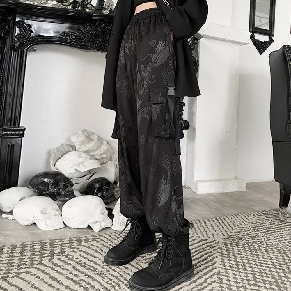 Gotikos Dragon Spausdinti Krovinių Kelnės Moterims Harajuku BF Stiliaus Japonų Prarasti Streetwear Juoda Goth Atsitiktinis Kelnės Rudenį 2021