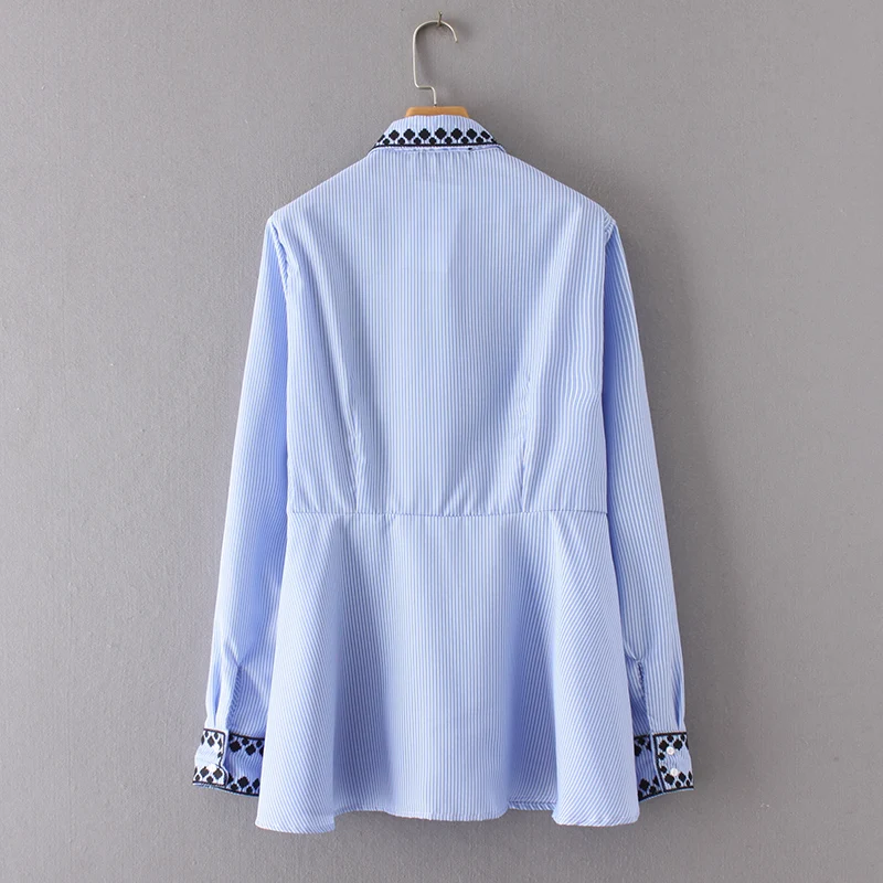 2017 Mada Moterims, Geometrinio siuvinėjimo Kutai Mėlyna Dryžuotas marškinėliai Atsitiktinis ilgomis rankovėmis Palaidinės Prarasti Viršūnes chemise femme blusas
