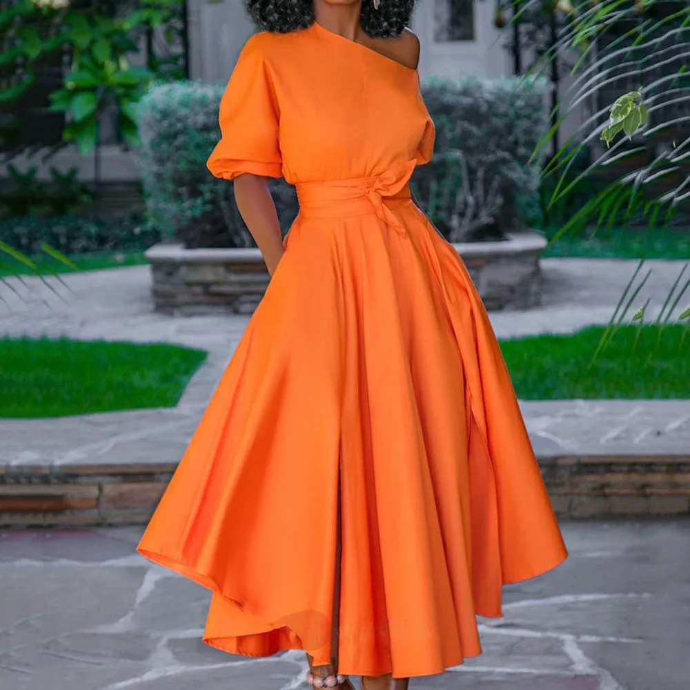 Oranžinė Moterims Linija Suknelė Vasaros Aukšto Juosmens 2020 Lady Elegantiškas Vieno Peties 