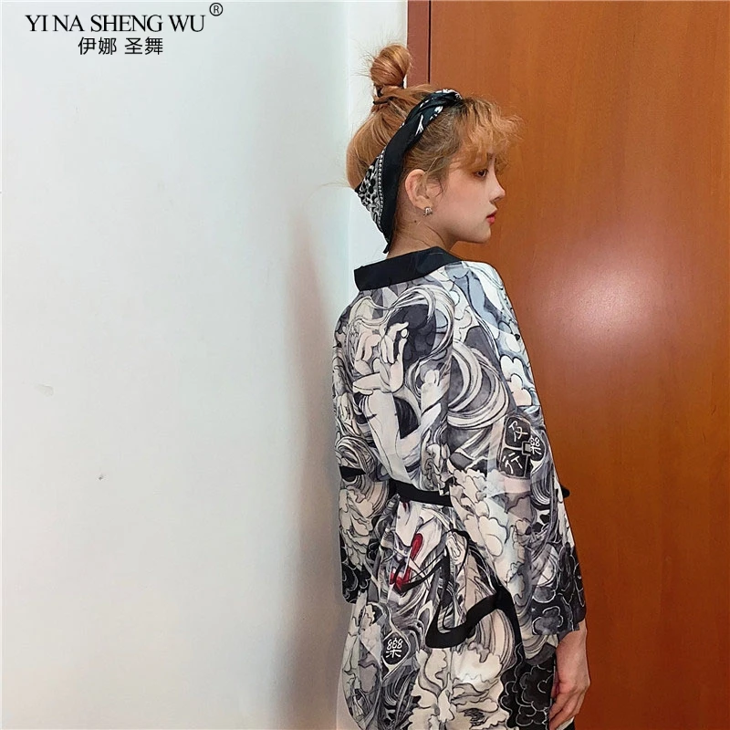Japonų Stiliaus Demonas Spausdinti Megztinis Kimono Harajuku Anime Moterys Vyrai Cosplay Yukata Moterų Streetwear Tradicinių Haori Kailis