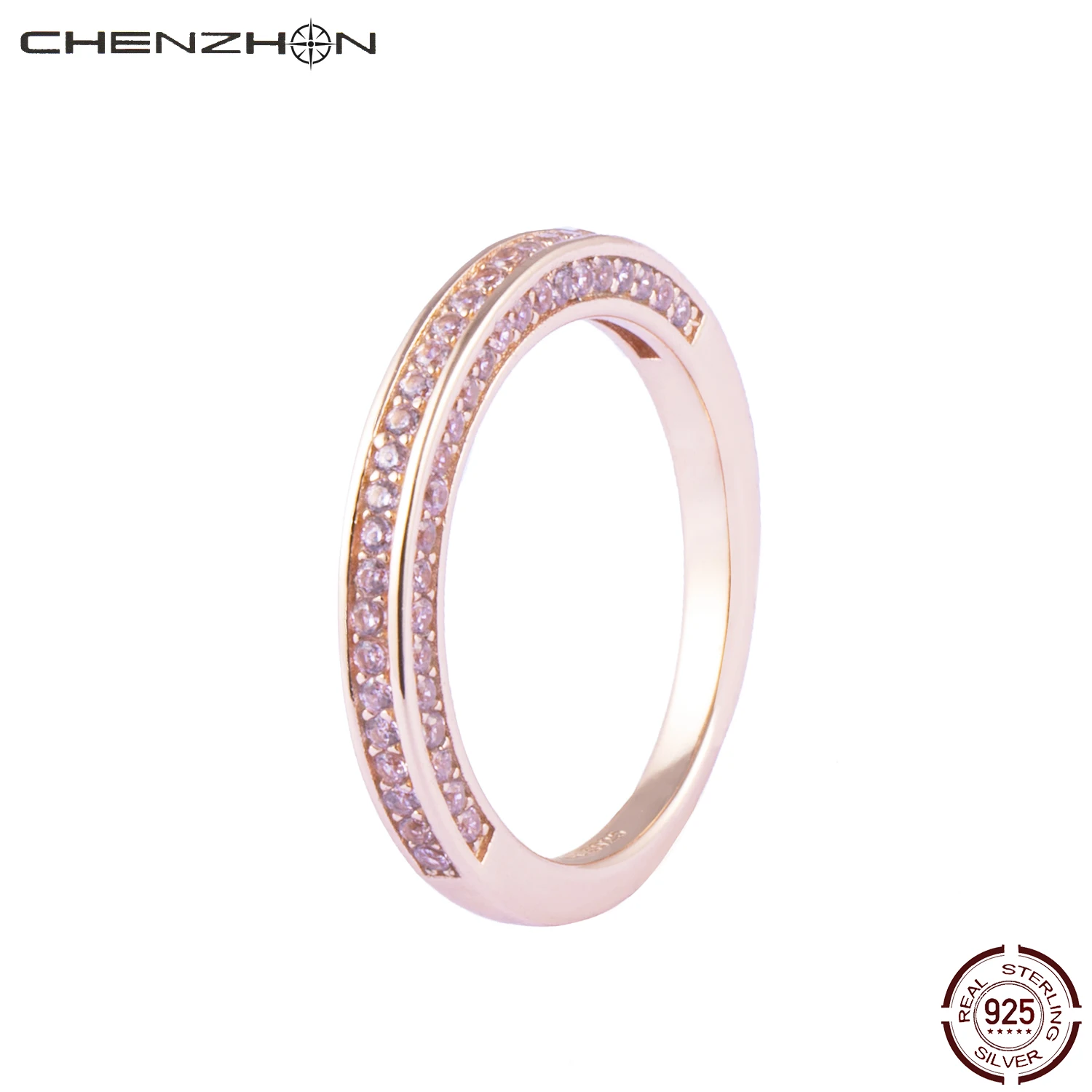 CHENZHON Sidabras 925 Moterų Žiedai Classic Pink Kubinis Cirkonis Piršto Fine Jewelry Rose Aukso Spalvos Dovanų Dėžutė Pakuotės Dienos, Vestuvių Žiedas