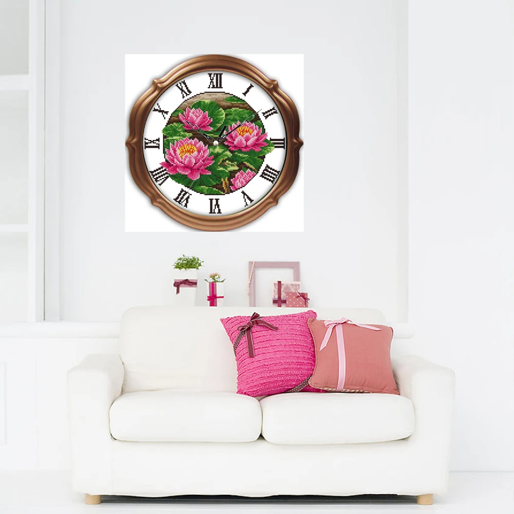 Džiaugsmas sekmadienį laikrodžių stilius Pink red lotus kryželiu needlepoint modelius nemokamai spausdinimui už svetainės kambarys ornamentu