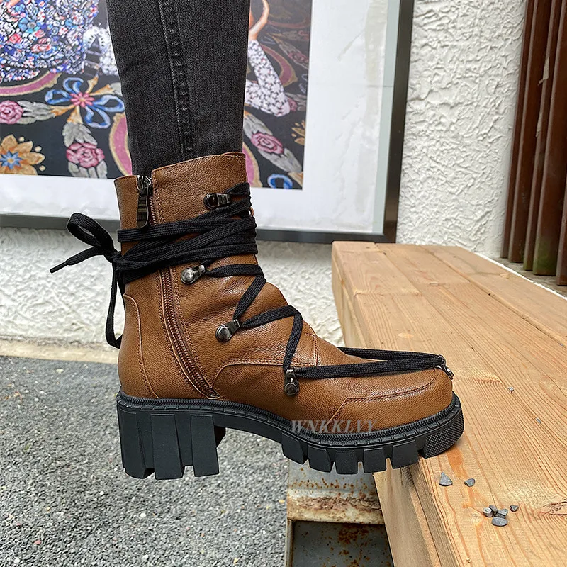 Individualumas strappy dizaino Martin batai moterims stambusis kulno storio vienintelis turas kojų čiurnos botas punk stiliaus minkštos odos trumpi batai