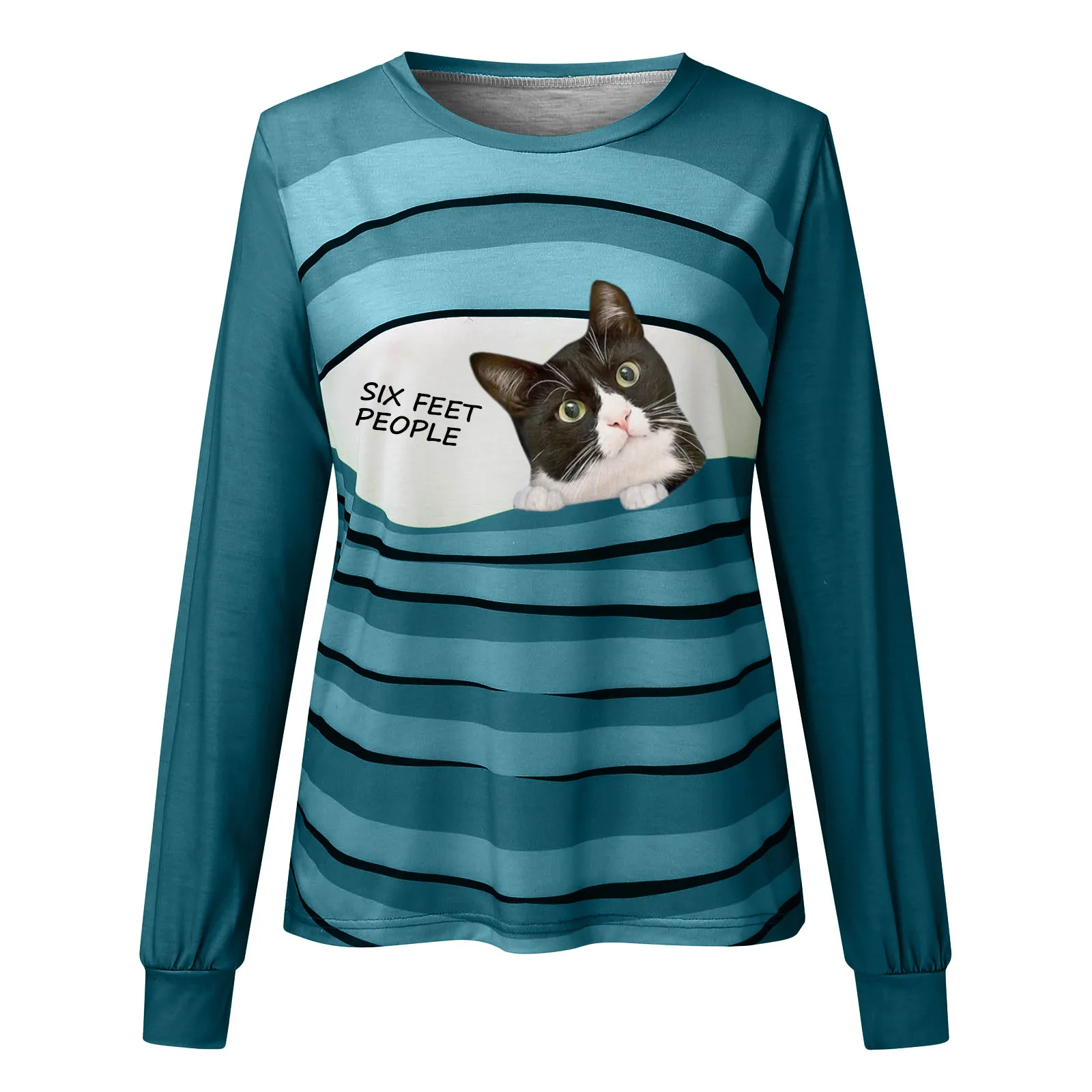 Moterų Marškiniai, Palaidinės Atsitiktinis Naujovė ilgomis Rankovėmis Laišką Katė Spausdinimas O-kaklo Laisvi Marškinėliai Kratinys Puloveris Viršūnes Blusas De Mujer