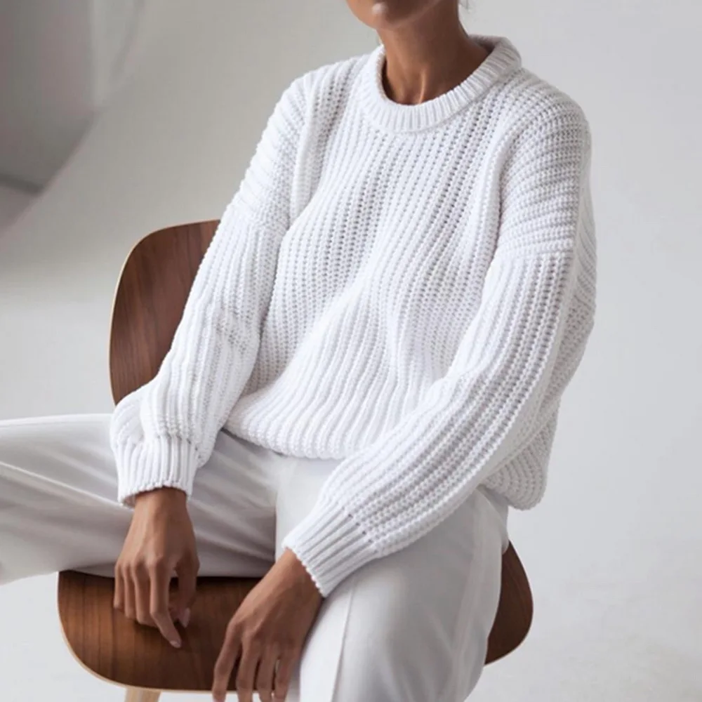 2020 m. Europos ir Amerikos ponios vientisos spalvos atsitiktinis apvalios kaklo megztinis megztinis 1470