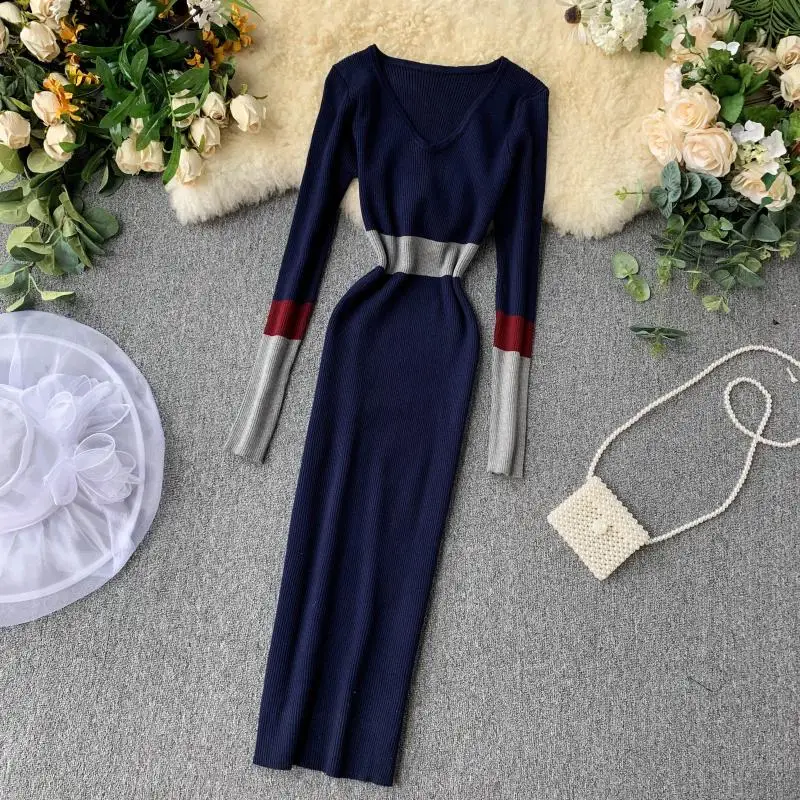 2019 m. Rudenį Naujų Senovinių Megzti Suknelę Moteris Blokuoti Spalvos ilgomis rankovėmis Elegantiškas Žiemos Dress Mezgimo Apvalkalas Suknelė