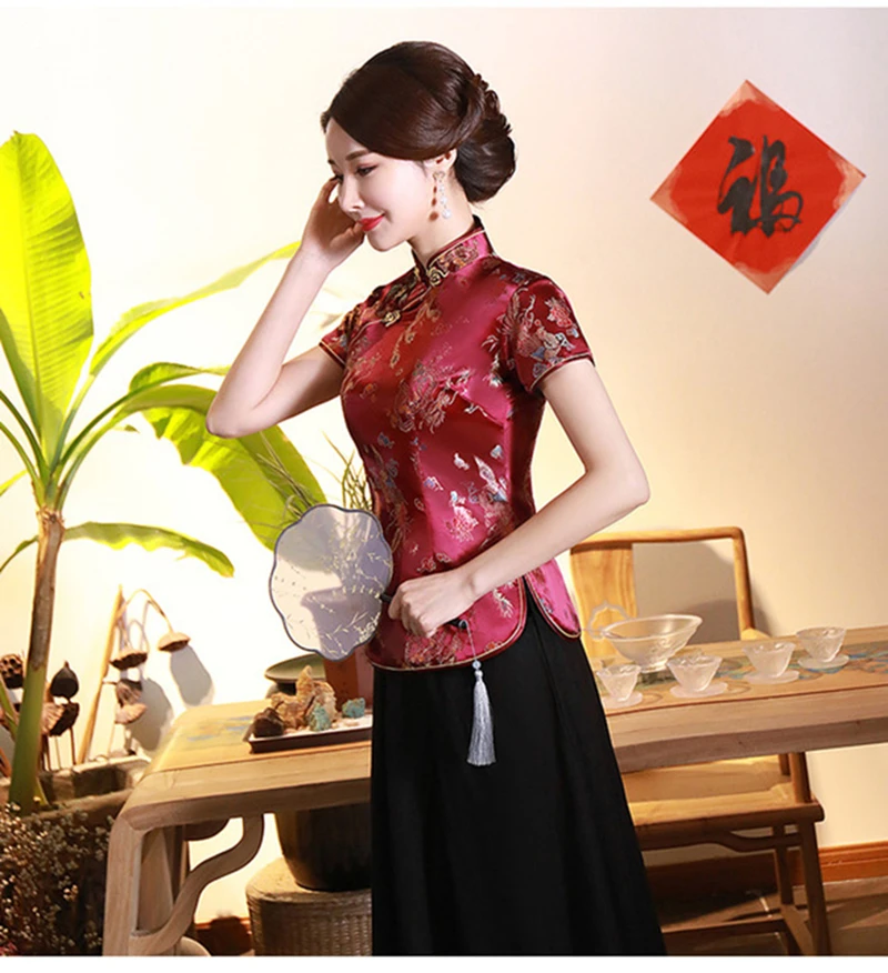 Cheongsam moterų Longfeng Trumpas Rankovės Tango Shirt Marškinėliai Topai Restoranas Paslauga viršuje Kinų Stiliaus Kinijos Qipao Etiketo Viršuje XL