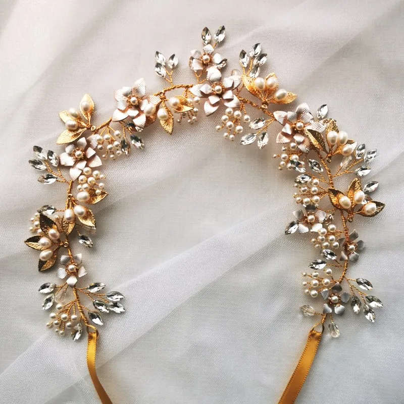 Aukso Sidabro Spalvos Gėlių Nuotakos Plaukų Lankelis Tiara Gėlavandenių Perlų Vestuvių Papuošalai Moterims, Rankų Darbo Karūna