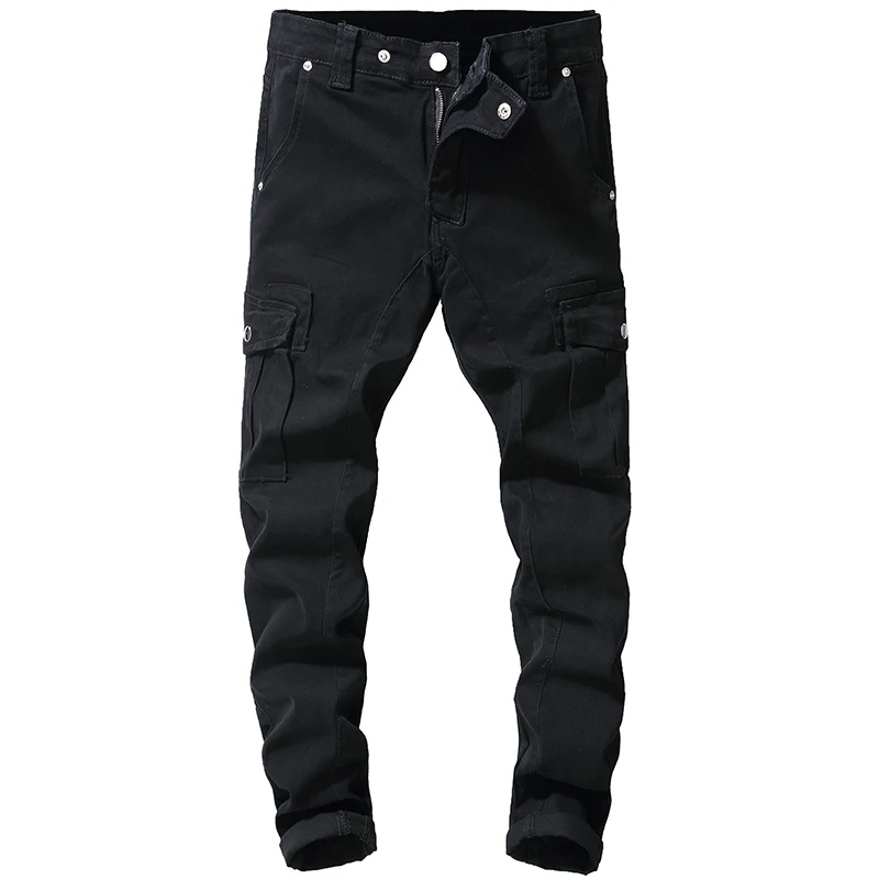 Sokotoo Vyrų juoda kišenės krovinių denim džinsai Slim ruožas džinsinio audinio kelnės