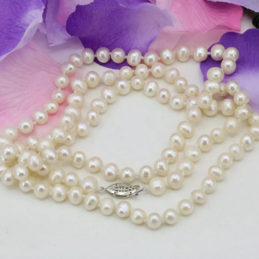 Natūralių perlų 7-8mm perlai balti karoliukai moterų ilgos grandinės karoliai pakabukai, dovanos, didmeninės kainos papuošalai priėmimo 36inch B3239