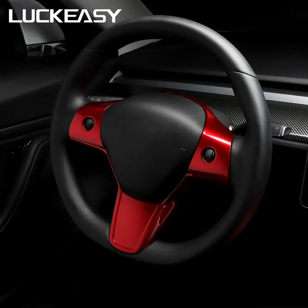 LUCKEASY Automobilio vairo dekoratyvinis pleistras Tesla Model 3 ABS vairo priedai dekoratyvinis rėmelis pleistras raudona/balta