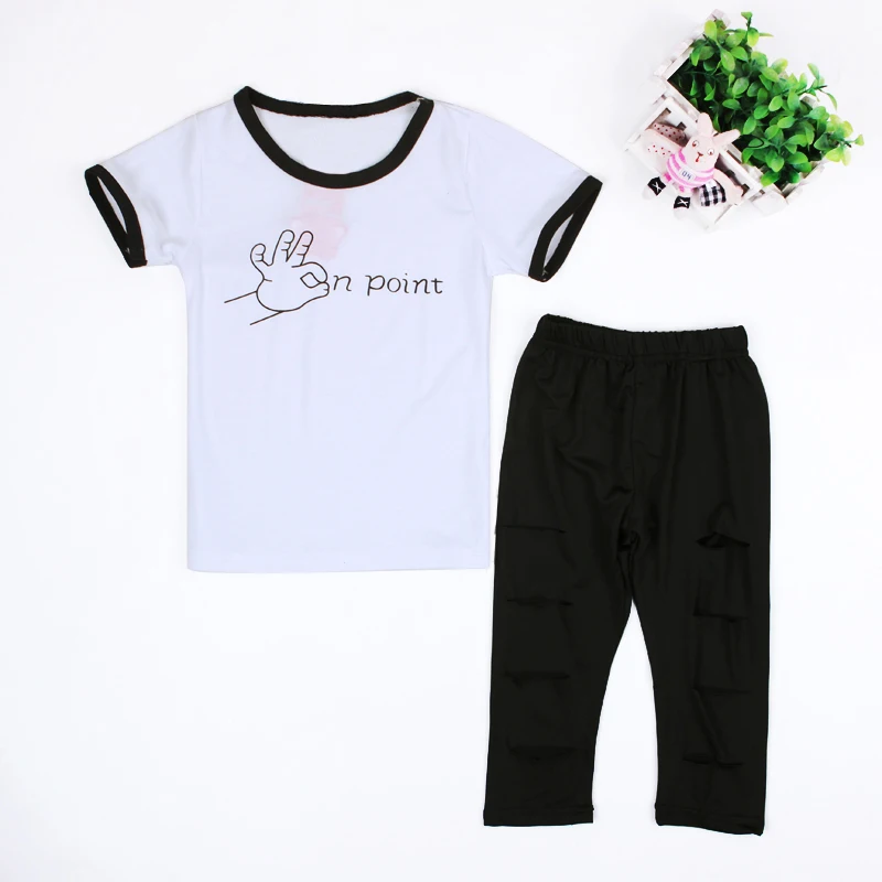 Stilingas Europoje stiliaus Specialaus dizaino vaikų mergaičių 2VNT drabužių rinkiniai mados raidžių white T-shirt + skylę kelnės DS30