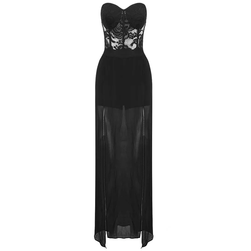 Aukščiausios Kokybės Baltas Juodas Stebėjimo Nėrinių Slitted Maxi Ilga Suknelė Tvarstis Moterų Suknelė Įžymybė Naktį Šalies Suknelė