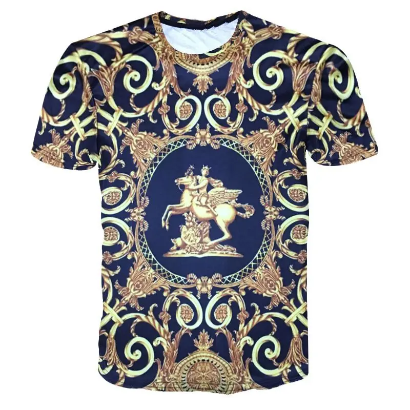 Mados Baroqu T-shirt Homme 2018 naujas Prabangus marškinėliai Vyrams trumpomis Rankovėmis Atspausdintas Arklių Golden Flower Mens Drabužių Vasaros Viršūnes Tee