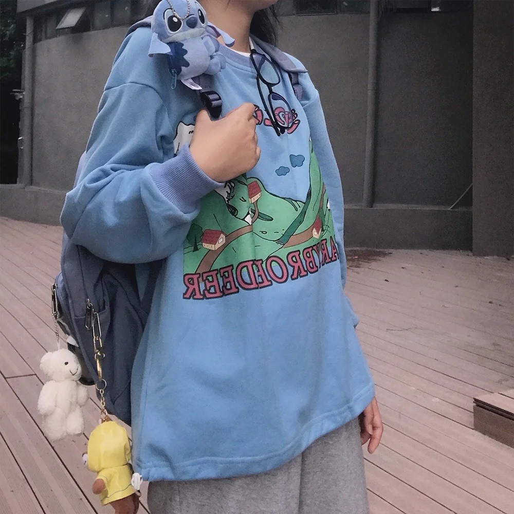 2020 M. Rudenį Japonijos Harajuku Megztinis Moterims, Negabaritinių Juoda Ilgomis Rankovėmis Apvalios Kaklo Animacinių Filmų Spausdinti Derliaus Susagstomi Megztiniai