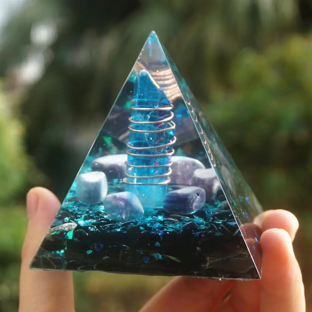 70mm Orgonite Piramidės Mėlynas Kvarcas Vario Energijos Ratą,Fluorito,Obsidianas Crystal Healing Orgone Reiki Meditacija