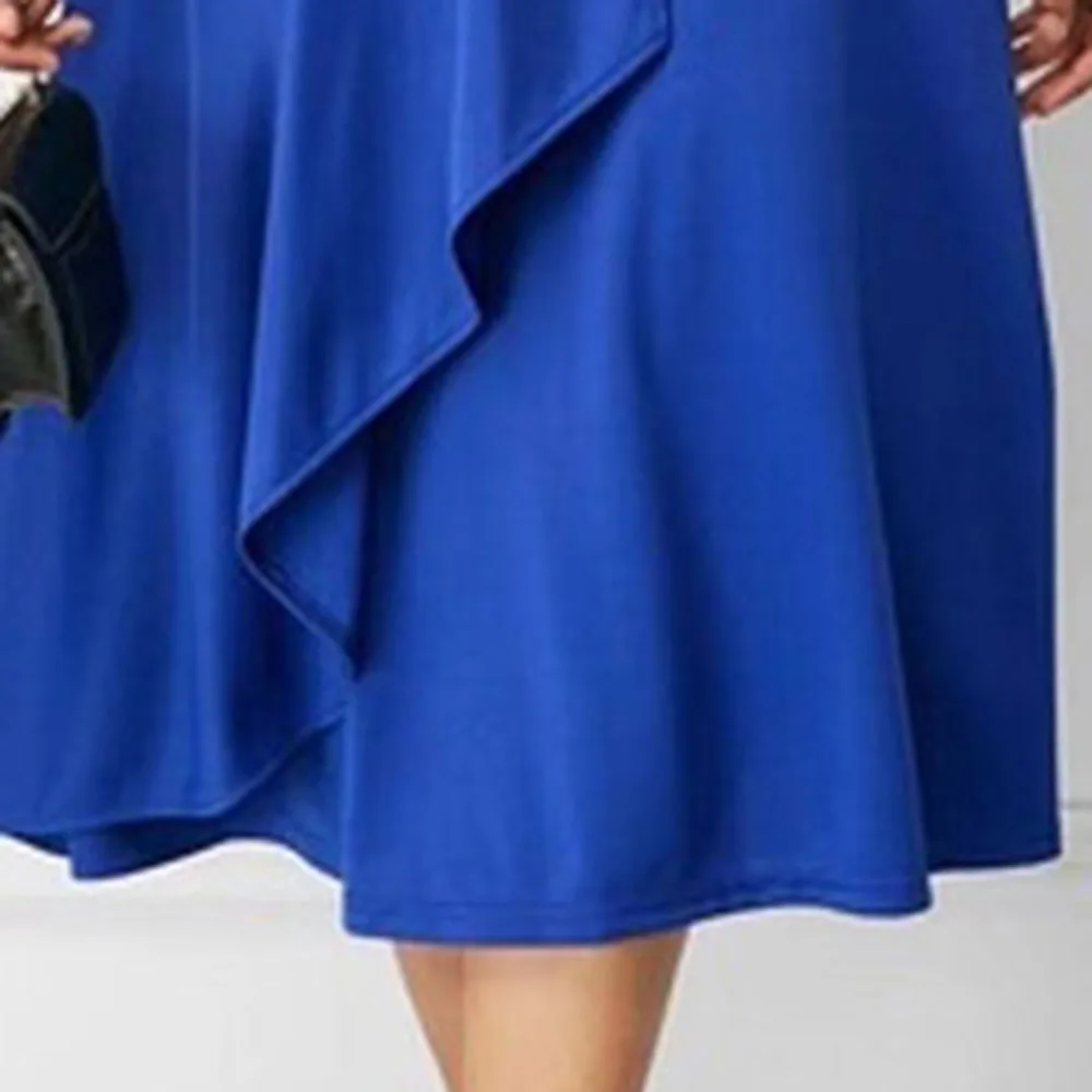 Vasaros Office Suknelė Elegantiškas Moterų Trumpomis Rankovėmis V-Kaklo Aukštos Juosmens Ponios Darbo Dėvėti Mėlynos Plius Dydis Raukiniai Suknelės Dydžio