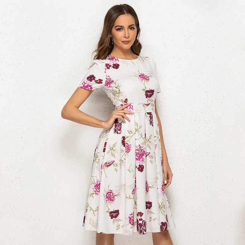 2020 Mados Derliaus Moterų trumpomis Rankovėmis Midi Suknelė Elegantiškas Gėlių Spausdinti-line Vestidos De Moterų Vasaros Atsitiktinis Suknelės