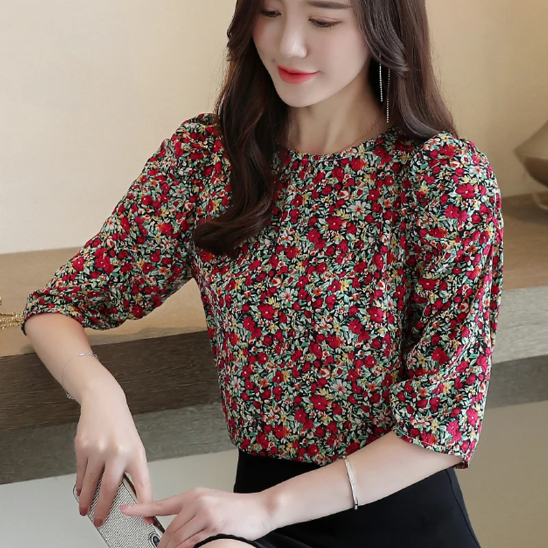 2021 Korėjos Stiliaus Vasaros Gėlių Šifono Marškinėliai Moterims Pusė Rankovės O Kaklo Megztinis Moterų Palaidinė Raudona Top Moterų Blusas 9151 50