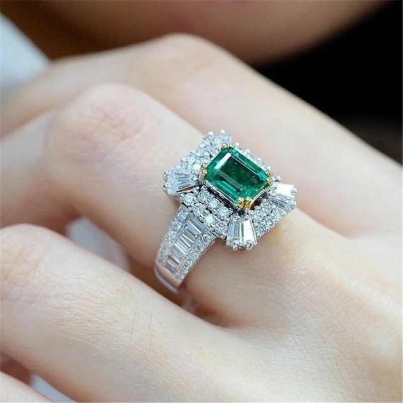 14K Aukso Emerald Princess 2 karatų Deimantų Vestuvinis Žiedas Žalia Topazas 925 Sidabro Papuošalai Žiedas Bizuteria Brangakmenio žiedas moterims