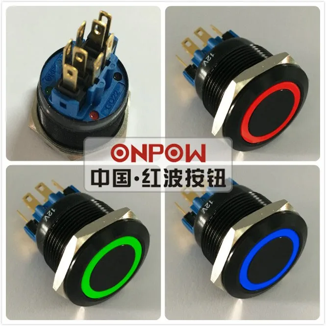 ONPOW 22mm Akimirksnį Trijų spalvų RGB LED žiedo LED Juodas aliuminio lydinio Mygtukas jungiklis (GQ22-11E/RGB/12V/A/nauja) CE, RoHS