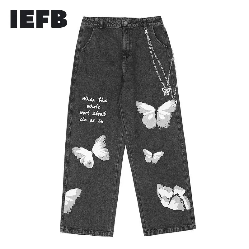 IEFB /vyriški drabužiai Banga drugelis grafiti spausdinami metalo grandinės dekoratyvinis džinsinio audinio kelnės plačios kojos tiesios kelnės vyrų high street