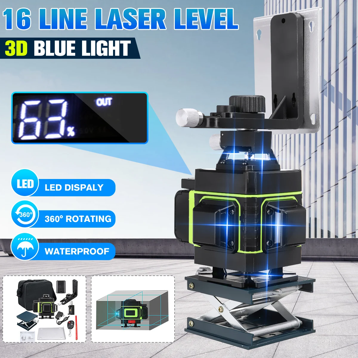 16 Linija 360 Horizontalus Vertikalus Kryžiaus 4D 3D Mėlynos Šviesos Lazerio Lygis Savaime išsilyginantis Priemonė Super Galingą Lazerio Spindulį
