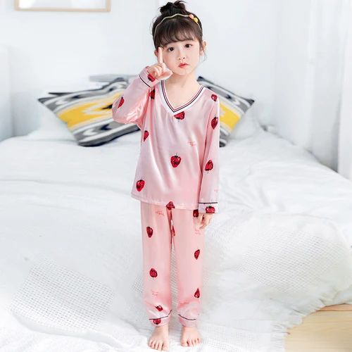 Nauja Pižama Mergina 2020 M. Rudens Žiemos Netikras Šilkas Vaikas Sleepwear Nustatyti, V-kaklo, ilgomis Rankovėmis Cute Girl Pižama Ilgai Ziajać Namuose Medžiaga