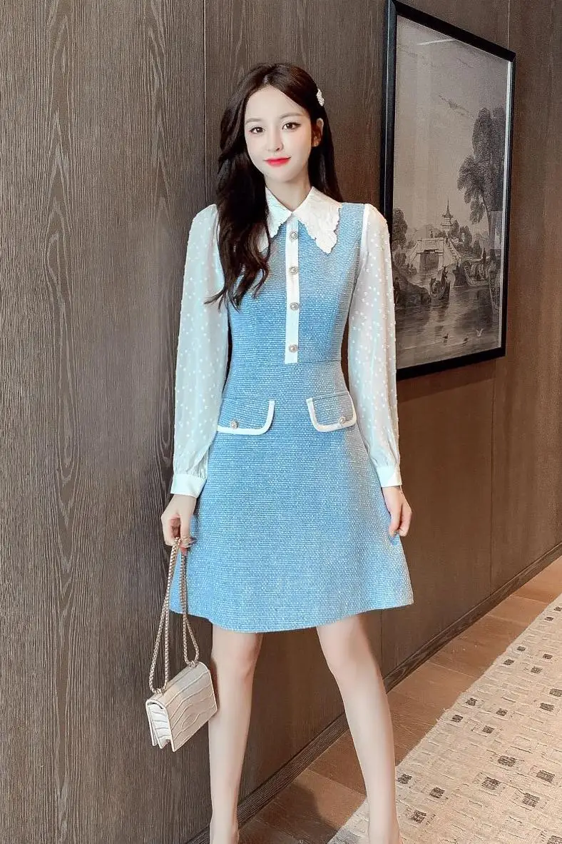 COIGARSAM Kratinys Moterų one-piece suknelė korėjos Pavasario Visą Rankovėmis Suknelės Mėlyna 8680