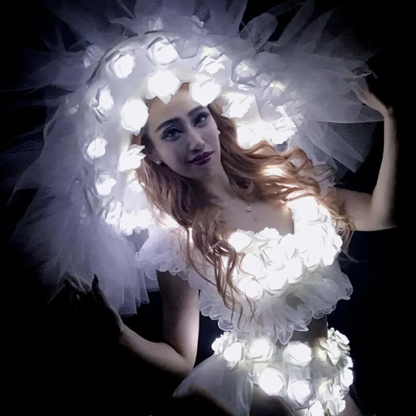 Baltas kalėdų šokių gėlės skrybėlę LED šviesos kostiumai moterų LED elnių ragai veiklos kostiumas