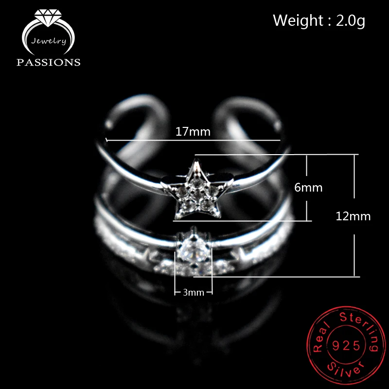Naujas Mados 925 Sterling Silver Star kalnų krištolas CZ Multilayers Žiedai Atidarykite Reguliuojamas AAA Cirkonis 3 Sluoksnių Žiedas Moterims, Dovana, Papuošalai