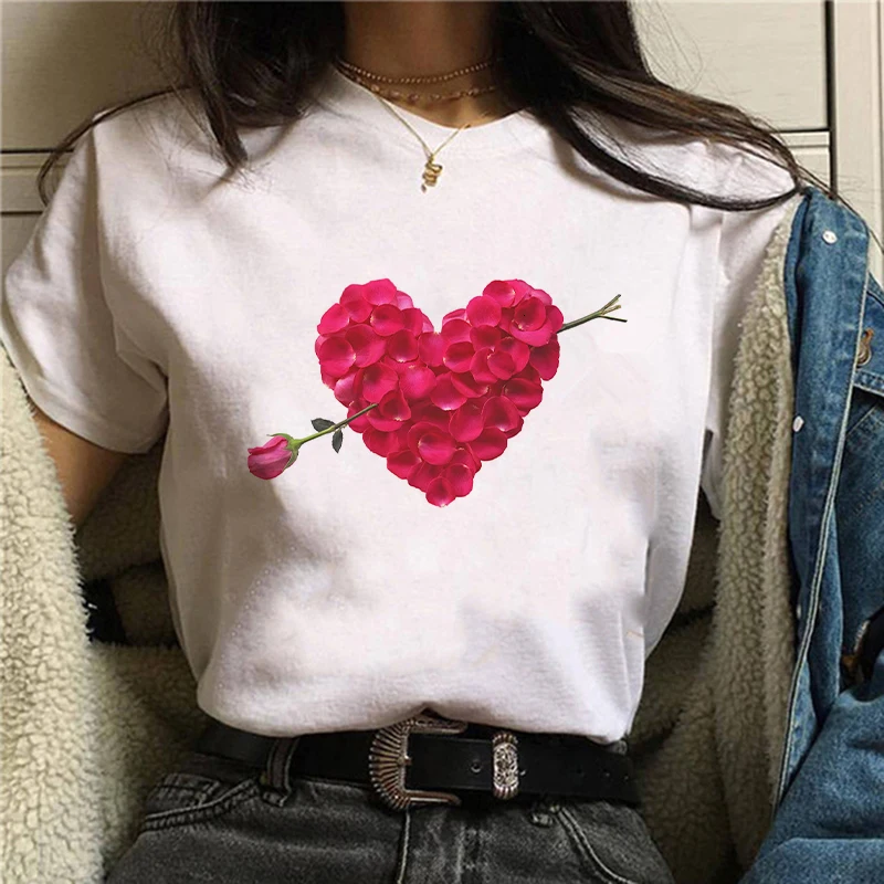 Širdies gėlių spausdinti ponios T-shirt ponios atsitiktinis pagrindas, O-apykakle balti marškiniai trumpomis rankovėmis ponios T-shirt meilės grafikos spausdinimo
