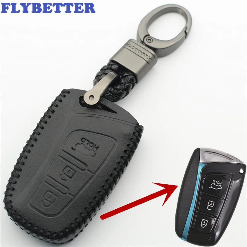 FLYBETTER natūralios Odos KeyChain 3Button Smart Klavišą Atveju Padengti Hyundai IX45/Santafe/Solaris/Tucson/Accent (B) L279