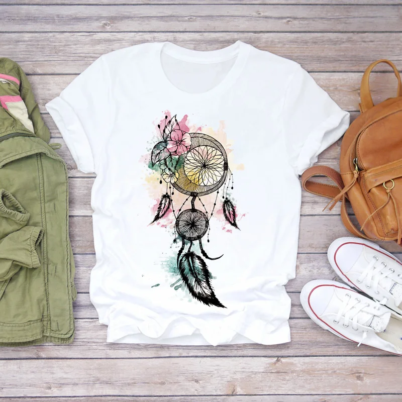 Moterų Plunksnų Gėlių Gėlių Akvarelė Vintage Drabužių Lady T-shirts Top Moteriški Marškinėliai Ponios Atsitiktinis O-neck Tee Marškinėliai
