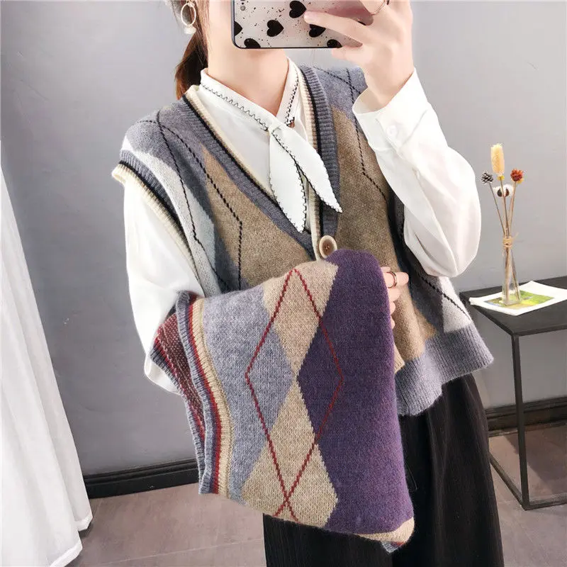 Megztinis liemenė moterims megztiniai rudens ir žiemos naujas prarasti patikrinti berankovė liemenė megztinis liemenė liemenė kolegijos stilius