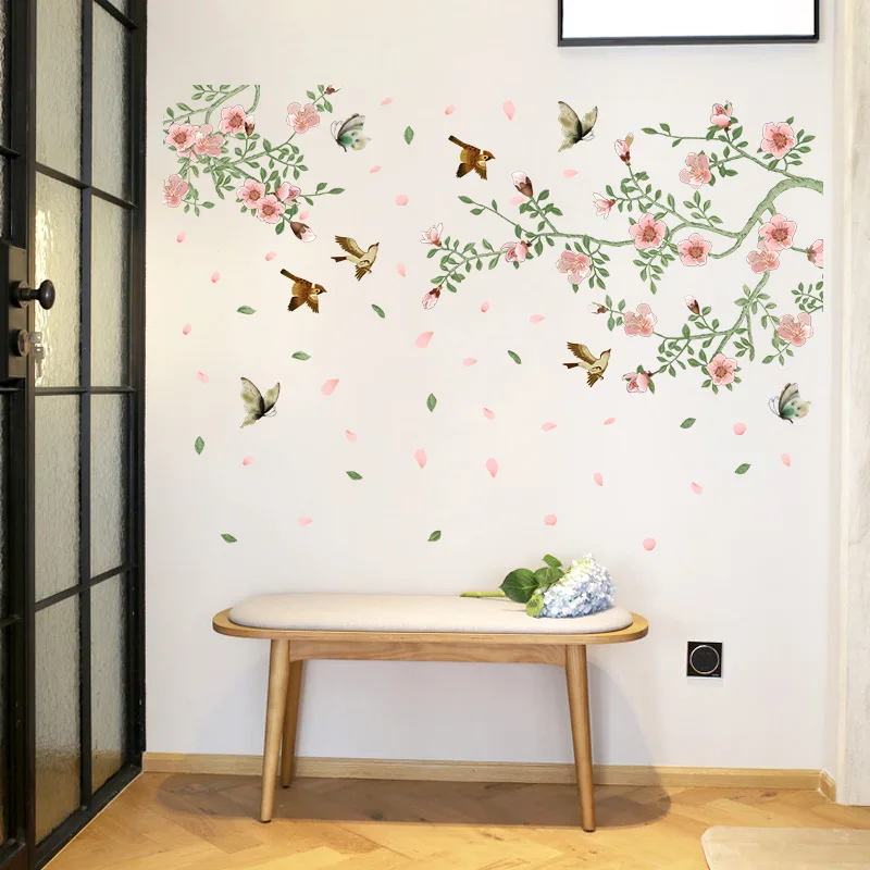 Gėlių Paukščių Sienų Lipdukai Gyvenamasis kambarys Miegamasis Vonios kambarys Stiklo Durų Dekoras Freskomis lipnios Nuimama Eco-friendly Sienos Lipdukai