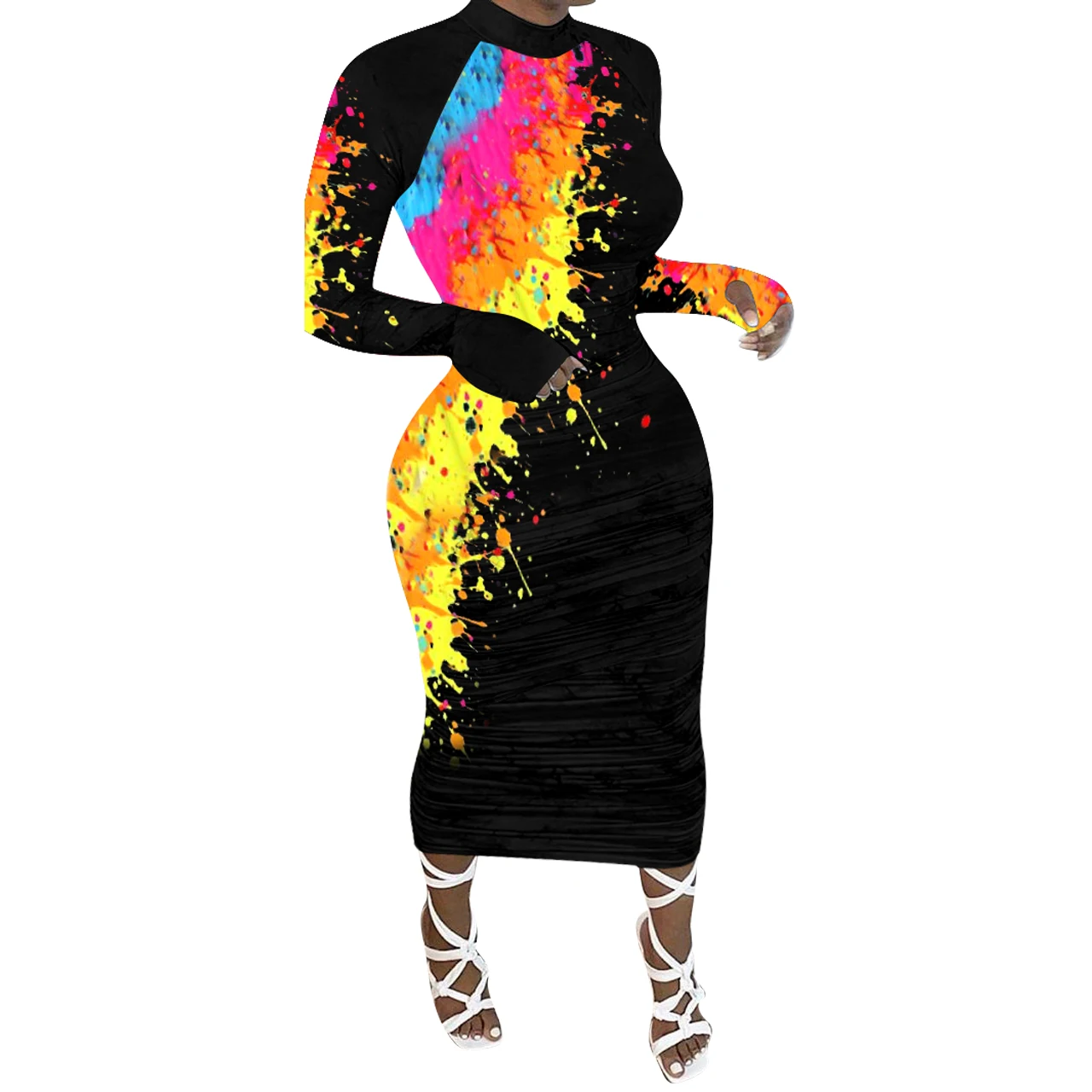 S---4XL Naujus Multicolors Spausdinimo Moterų Mados Suknelės Klostes ilgomis Rankovėmis Įgulos Kaklo Bodycon Suknelė Vidurio Blauzdos Šalis Suknelė