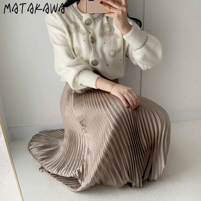 MATAKAWA Sunkiųjų Siuvinėjimo Zawalcowany Moteris Megztiniai korėjos Elegantiškos Retro Apvalios Kaklo Megztinis Single-breasted Megztiniai Moterims