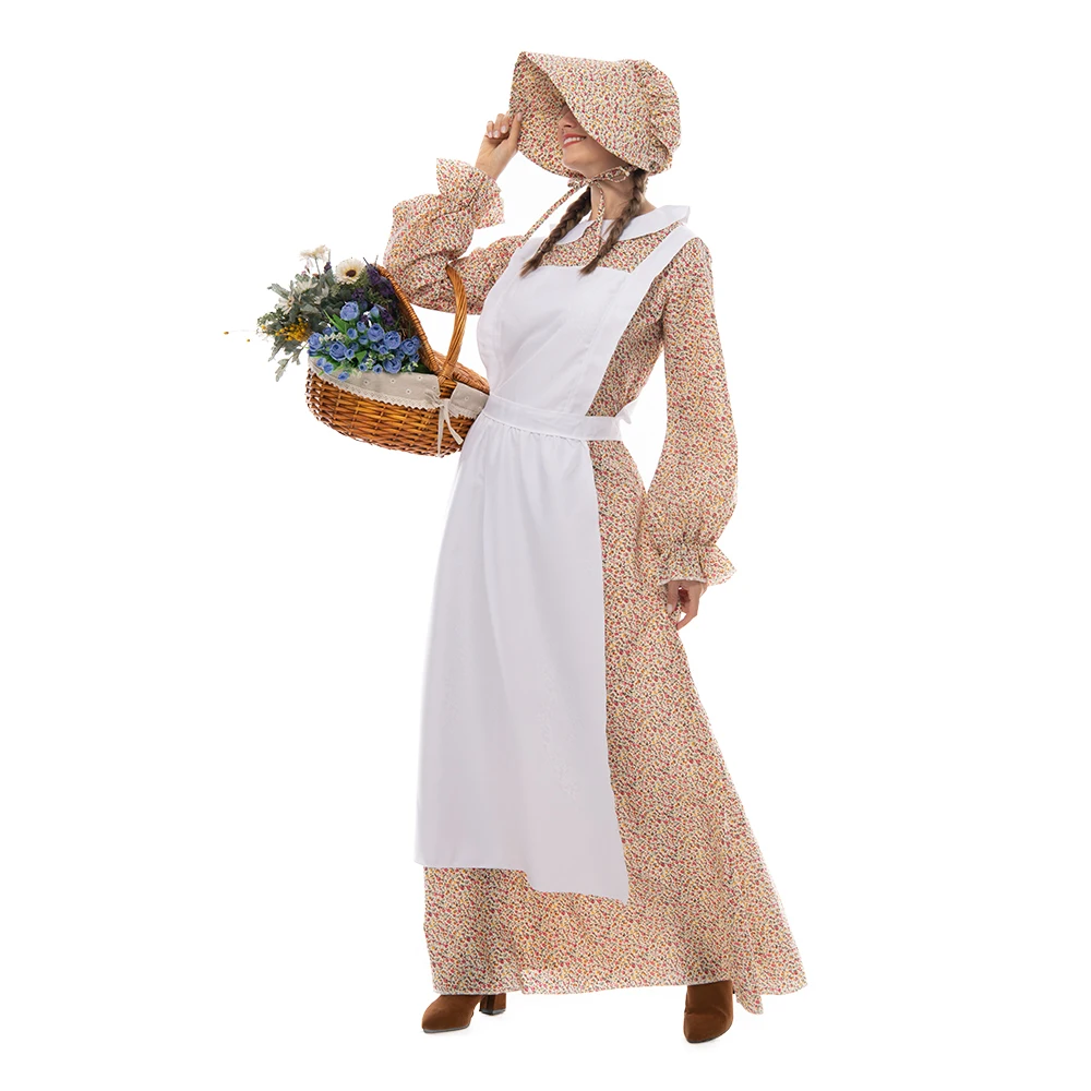 Eraspooky Viduramžių Prairie Pioneer Kostiumas Moterims Viktorijos Kaime Teta Gėlių Prijuostė Suknelė Variklio Dangčio Istorinių Helovinas Kostiumai