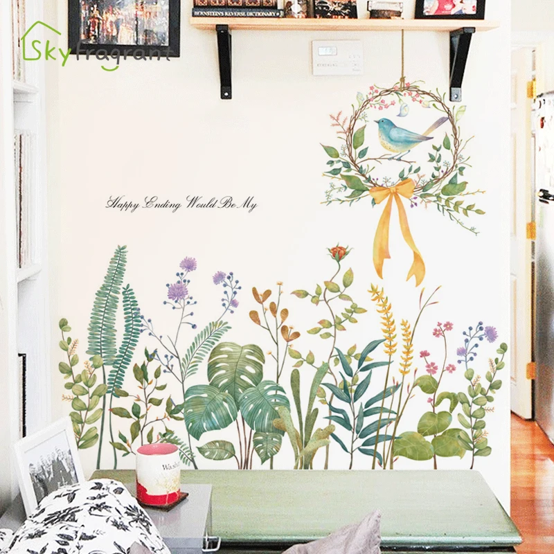 Augalų žalios lapinės akvarelė baseboard lipdukai kambarį dekoro namų puošybai TV, sofa fono sienos lipdukas lipnios
