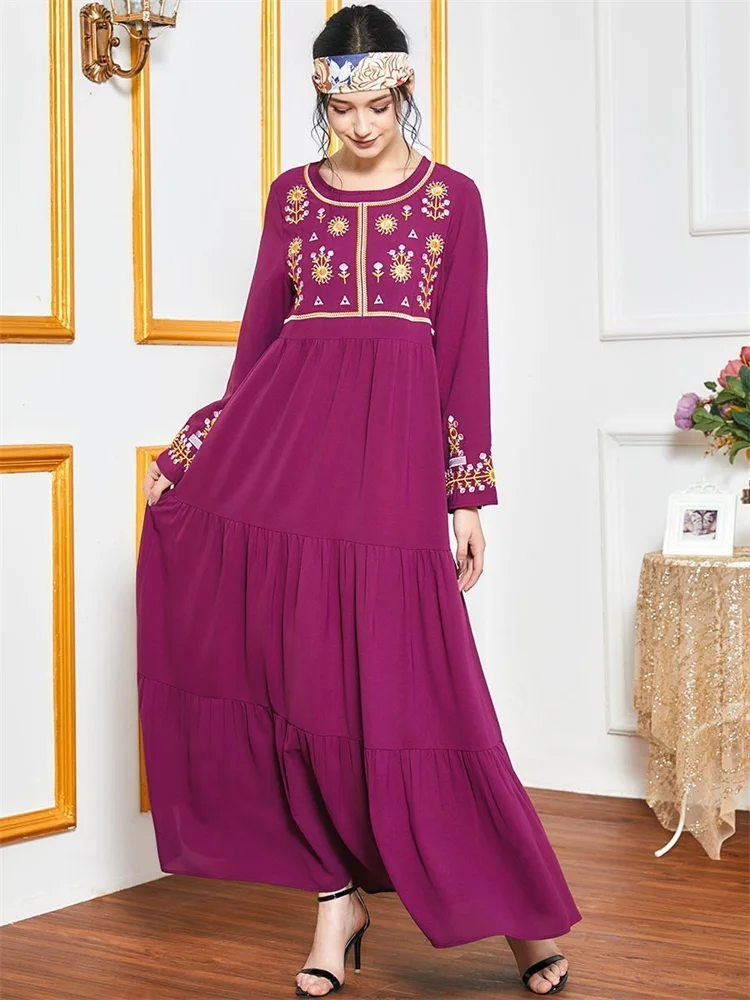 Siskakia Elegantiškas Etninės Išsiuvinėti Arabų Ilga Suknelė Mados Violetinės O Kaklo Visą Rankovės Maxi Suknelės Turkija Dubajus Kaftan 2020 M.