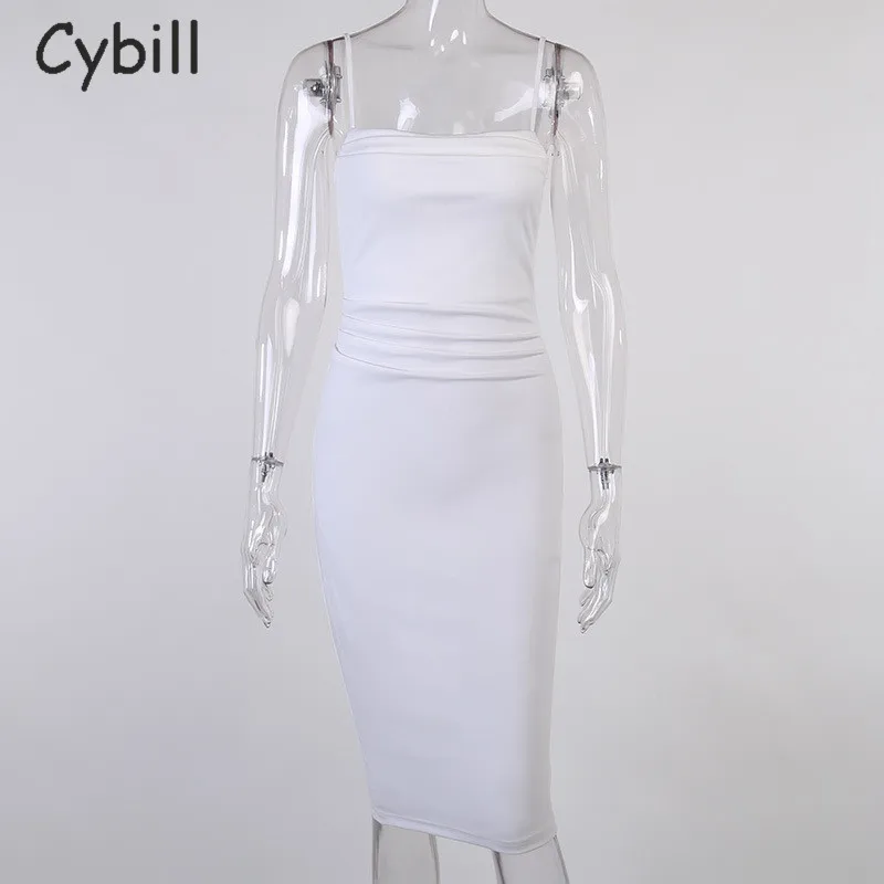 Cybill Seksualus Klubo Šalis Suknelė Baltos Spalvos, Spageti Dirželis Midi Suknelė 2020 Slydimo Bodycon Suknelės Moterims