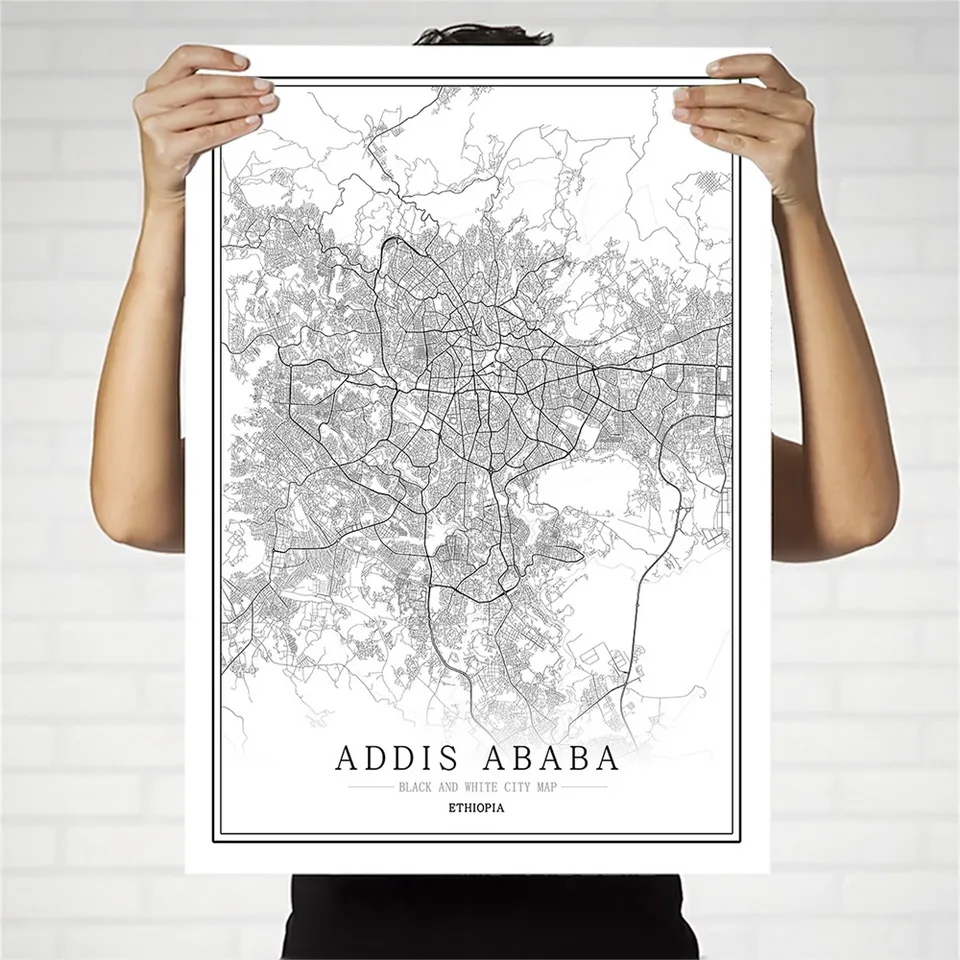 Etiopija Kūrybos miesto žemėlapį Adis Abeba Abstrakčios Drobės Paveikslai Juodos ir baltos Sienos Meno Spausdinti Plakato Nuotrauką Namų Puošybai