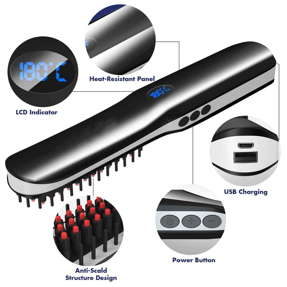 Belaidžio Barzda tiesinimo priemonė Teptuku Mini Plaukų Šepetys ištiesinimo priemonės Elektros Barzda Karšto Šukos USB Įkrovimo Plaukų Tiesinimo Šukos