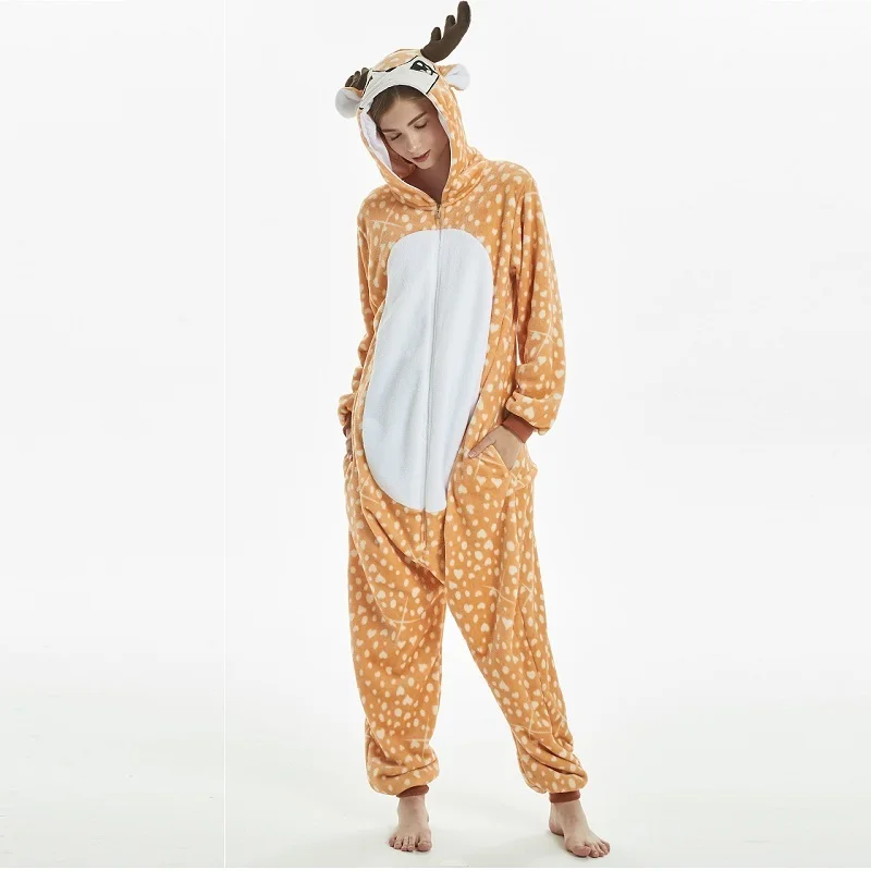 Kigurumi elnias su gobtuvu Vyrams, moterims onisie combinaison pyjama suaugusiųjų Visą flanelė šiltas gyvūnų Pižama kugurumi