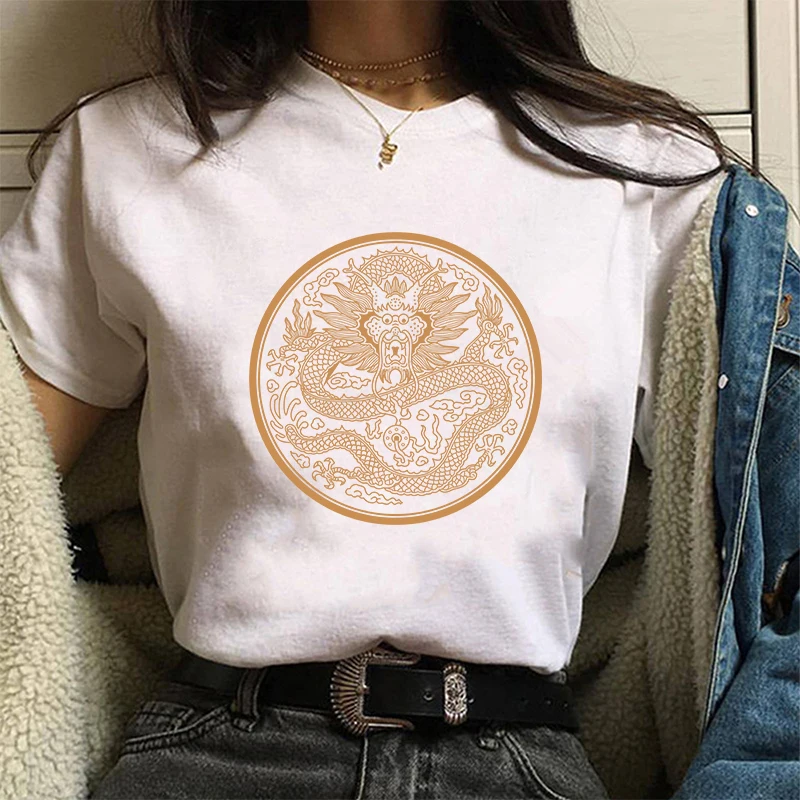 Streetwear viršūnes moteriški marškinėliai ulzzang Harajuku senovinių Kinų drakonas print T-shirt vasarą naujas Negabaritinių prarasti atsitiktinis moterų