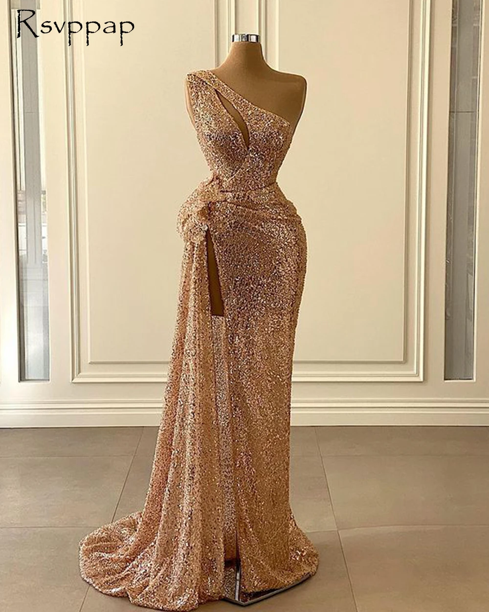 Prabangus Ilgas Blizgančių Vakarinių Suknelių 2021 Seksualus Aukštos Ritininės Rose Gold China Afrikos Moterų Dubajus Oficialią Chalatai