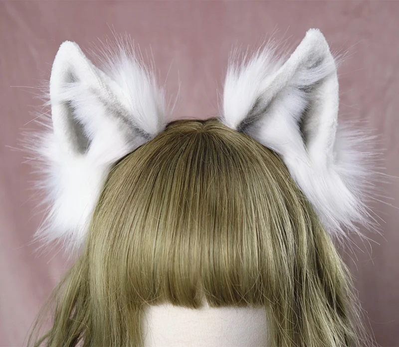 Lolita girl plaukų aksesuarai Gyvūnų Baltas Vilkas Ausis hairband moterų scrunchie Apdangalai, Rankų Darbo
