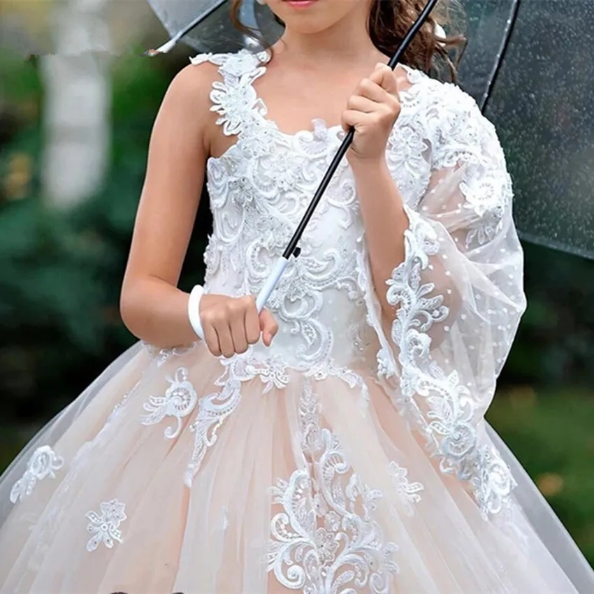 Smėlio spalvos Tiulio Balta Nėrinių Gėlių mergaičių Suknelės, Vestuvių Vienos Rankovės Vaikams Konkurso Pirmosios Komunijos Suknelė