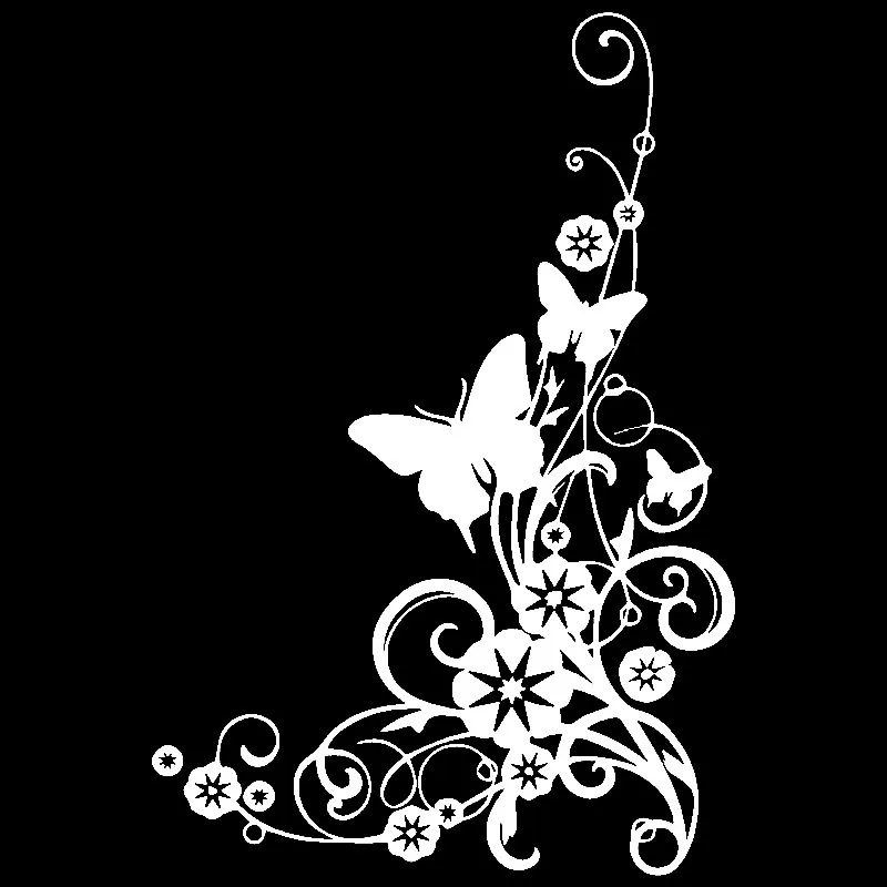 Gražus Asmenybės Drugelis ir Gėlė Automobilių Lipdukas Swirly Apačioje, Dešiniajame Kampe Elegantiškas Automobilio Lipdukas Juodas/baltas, 19cm * 13cm